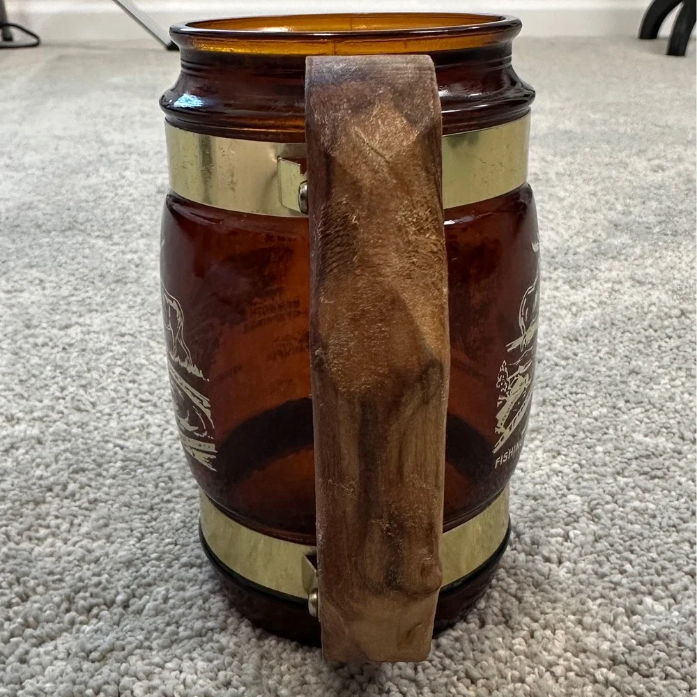 Vintage Siesta Ware Yellowstone National Park Amber Mug Wooden Handle Brass Band